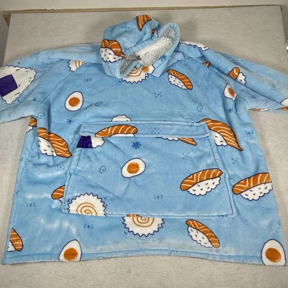 Adult Wearable Sherpa‎ Blanket Sushi Hoodie Long Warm Plush Soft Throw Blue
